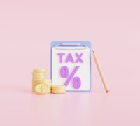 Concept tax payment. Coins and the tax form on pink background.  Data analysis, paperwork, financial research report, 3d render illustration